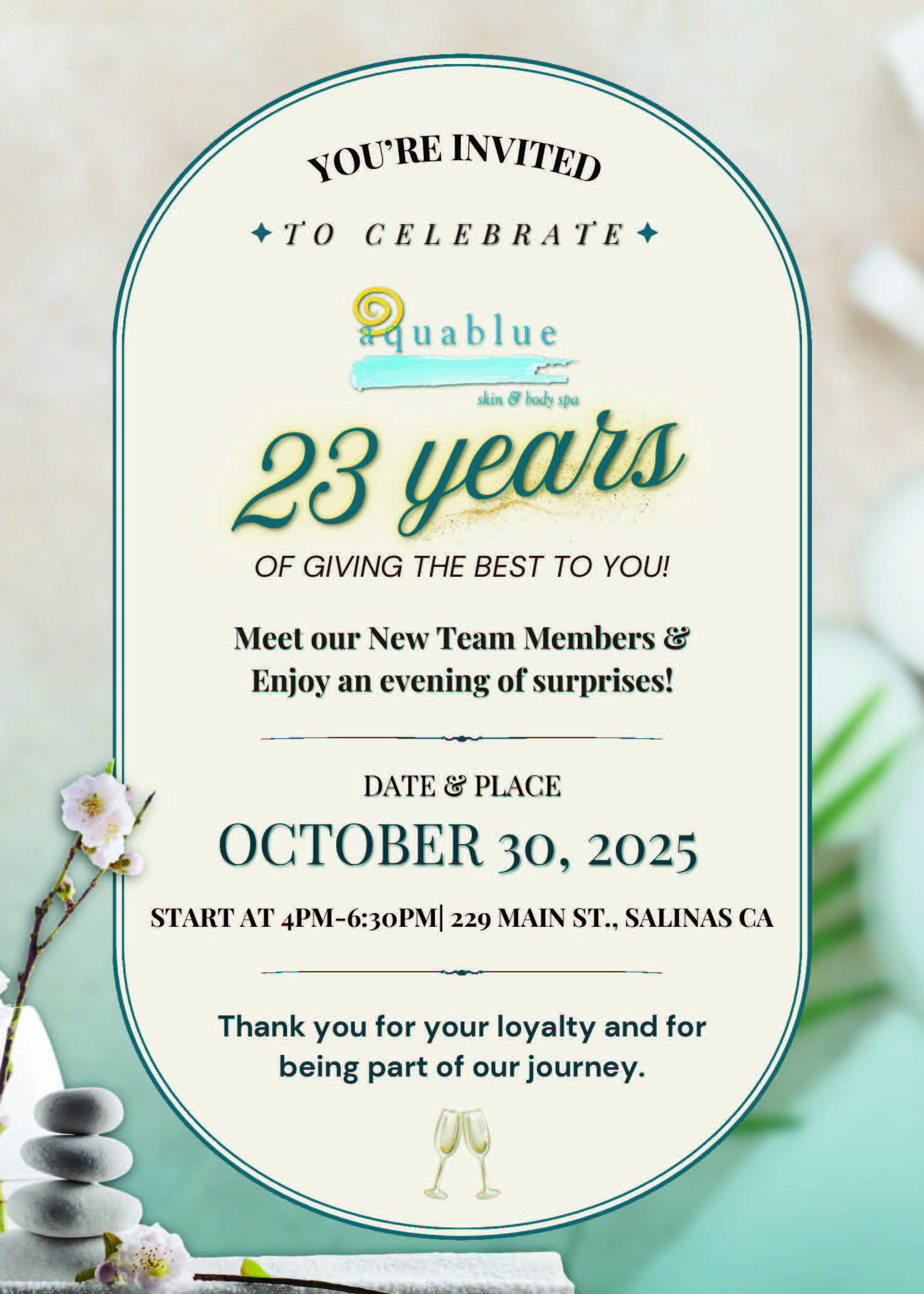 23rd Anniversary Invitation by Aquablue Skin & Body Spa