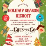 Holiday Season Kickoff flyer. The event is organized by Gifts on the Go and scheduled on November 2, 2025. The event is located at or on 150 Main St 112.