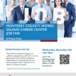 Multiple Employer Job Fair flyer. The event is organized by Monterey County Works and scheduled on November 5, 2025. The event is located at or on Monterey County Works Center - Salinas.