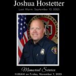 Joshua Hostetter Memorial Service flyer. The event is organized by Salinas Firefighters Association and scheduled on November 7, 2025. The event is located at or on Sherwood Hall.
