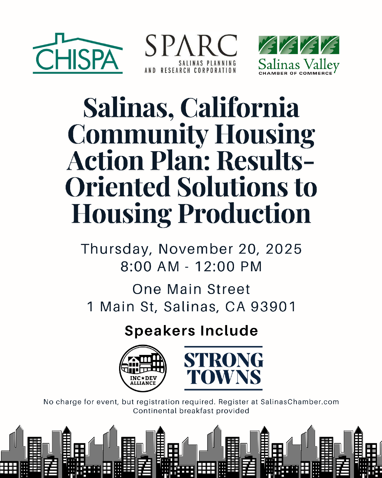 Community Housing Action Plan flyer. The event is organized by Salinas Valley Chamber of Commerce and scheduled on November 20, 2025. The event is located at or on 1 Main St.