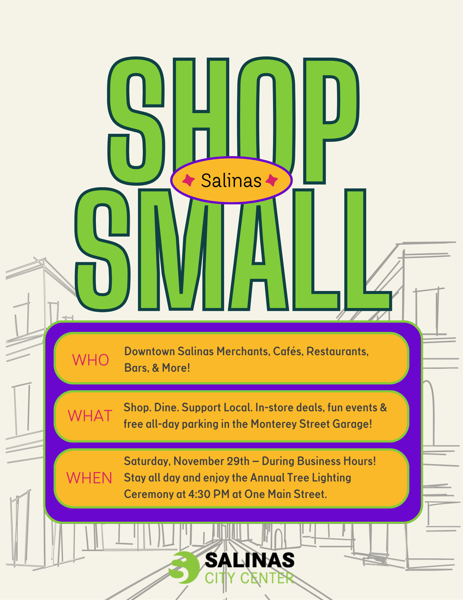 Shop Small Salinas flyer. The event is organized by Salinas City Center and scheduled on November 29, 2025. The event is located at or on 10B Midtown Ln.