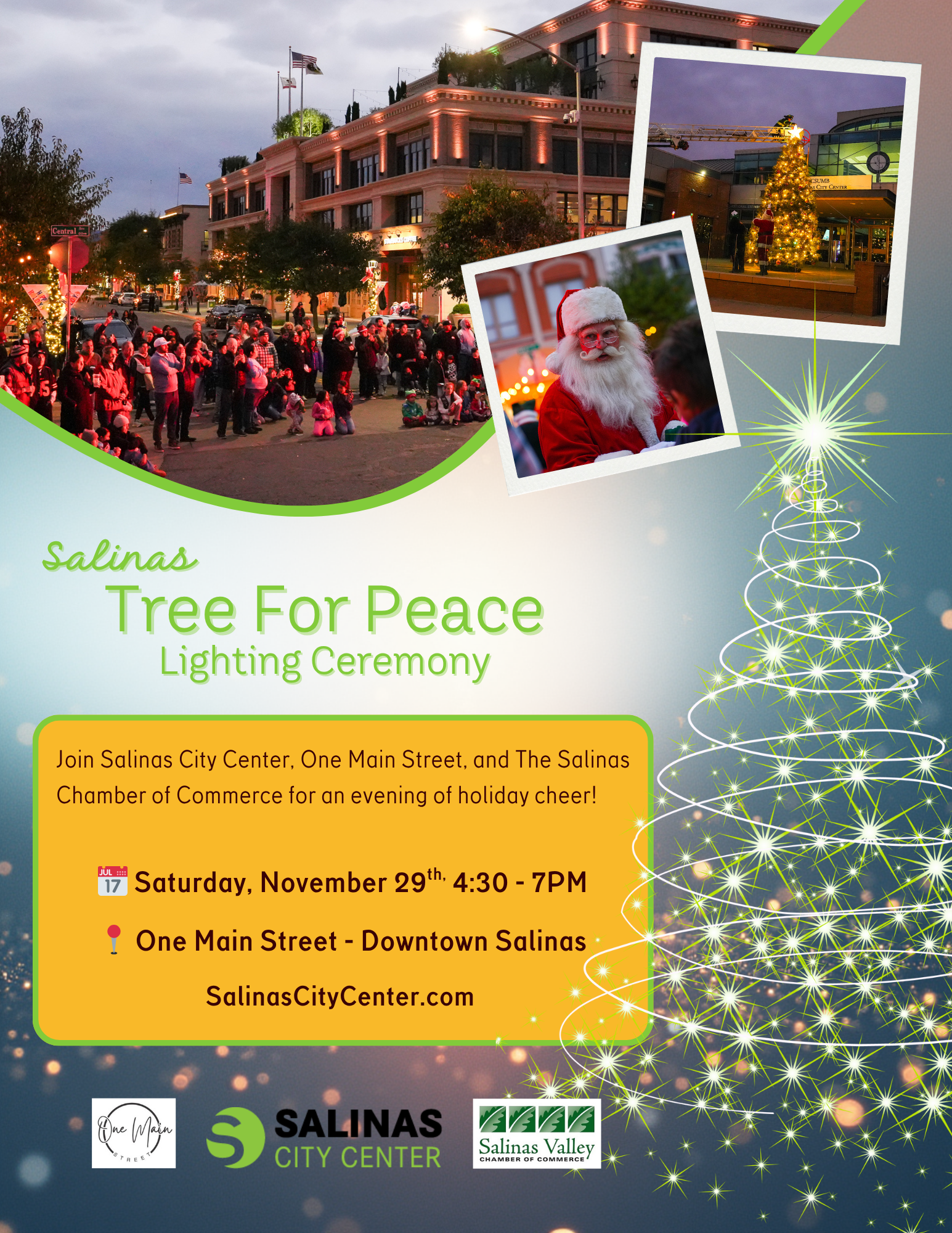 Tree for Peace Lighting flyer. The event is organized by Salinas City Center and scheduled on November 29, 2025. The event is located at or on 10B Midtown Ln.