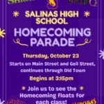 Homecoming Parade flyer. The event is organized by Salinas High School and scheduled on October 23, 2025. The event is located at or on Main St.