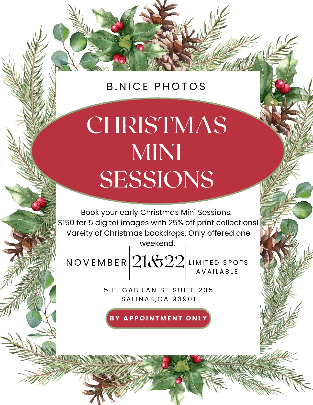 Christmas Mini Sessions flyer. The event is organized by B. Nice Photos and scheduled on November 21, 2025. The event is located at or on 5 E Gabilan St #205,206.