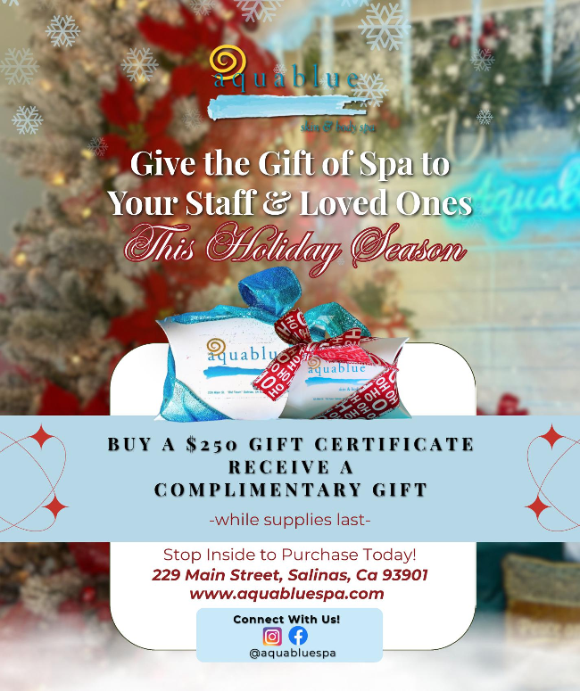 Gift Card Special flyer. The event is organized by Aquablue Skin & Body Spa and scheduled on November 30, 2025.
