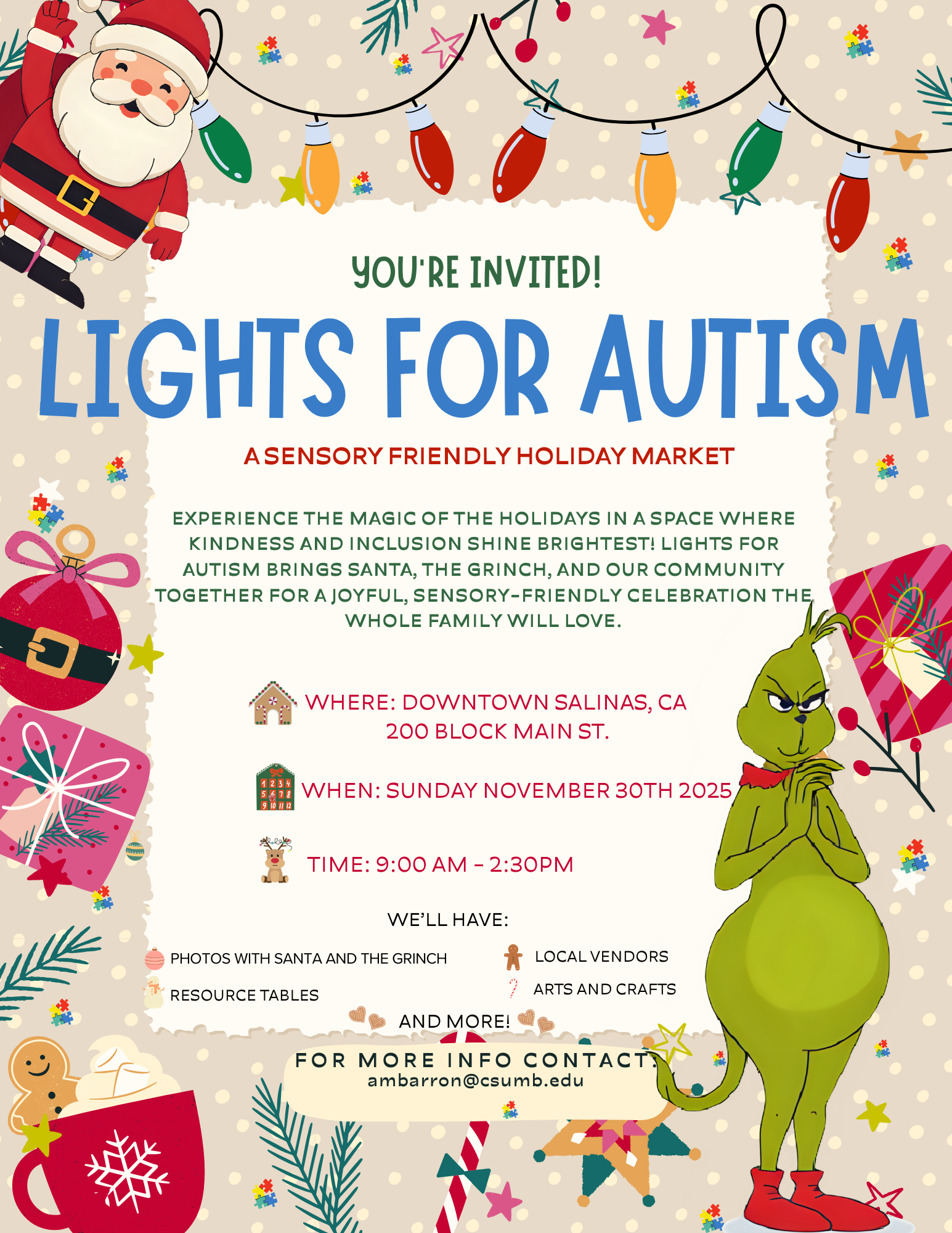 Lights for Autism flyer. The event is organized by and scheduled on November 30, 2025. The event is located at or on 200 Block Main St.