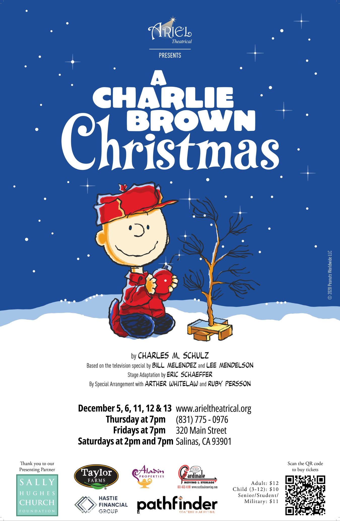 A CHARLIE BROWN CHRISTMAS flyer. The event is organized by ARIEL Theatrical and scheduled on December 5, 2025.