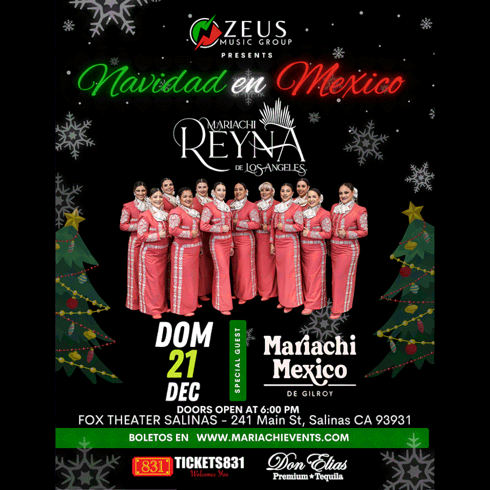 A Mariachi Christmas flyer. The event is organized by Fox Theater Salinas and scheduled on December 21, 2025. The event is located at or on 241 Main St.