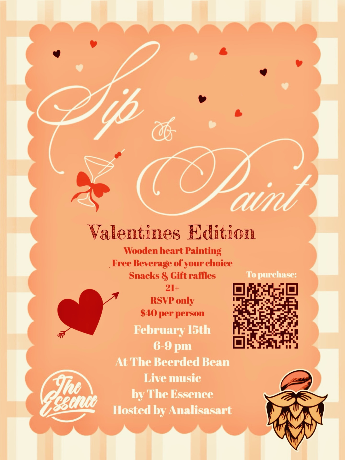 Sip and Paint flyer. The event is organized by The Beerded Bean and scheduled on February 15, 2026. The event is located at or on 210 Main St.